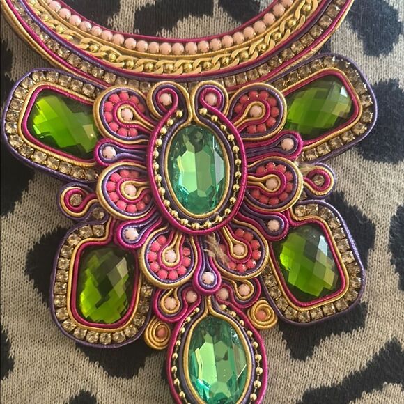Vibrant Statement Necklace with Green and Pink Accents